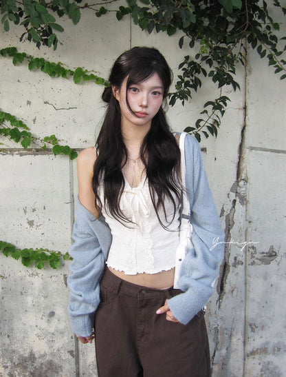 蝴蝶結蕾絲荷葉邊V領layer背心[MODIMOOD]