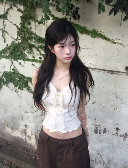 蝴蝶結蕾絲荷葉邊V領layer背心[MODIMOOD]