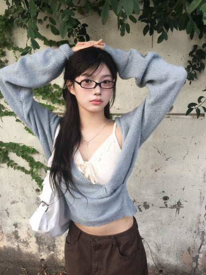 蝴蝶結蕾絲荷葉邊V領layer背心[MODIMOOD]