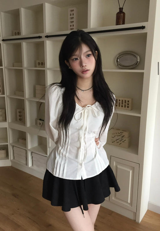 白色蝴蝶結復古感收腰恤衫【MODIMOOL🩵】